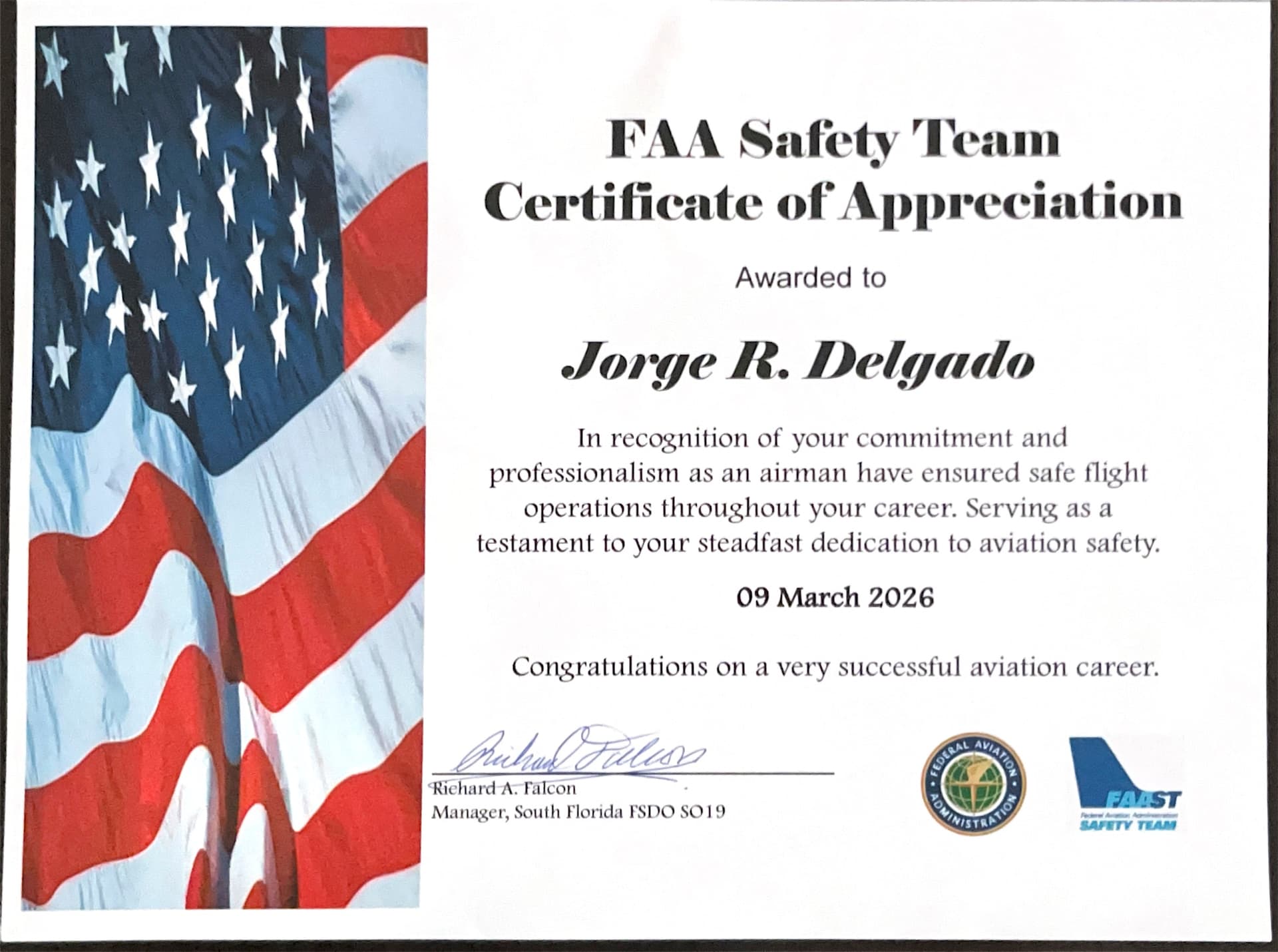 Certificado de Apreciación del FAA Safety Team